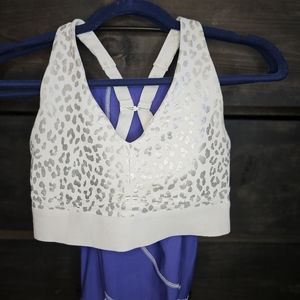 Fabletics Small White Leppard Sports Bra & Periwinkle Legging Set